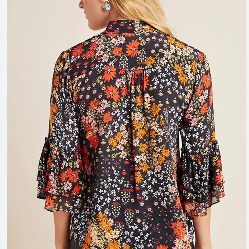 Anthropologie Black Floral Tiered Ruffle-Sleeve Blouse